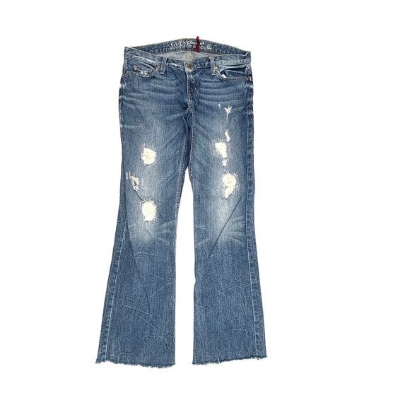 Guess Foxy Flare Distressed Raw Hem Women's size 29 Dark Wash Blue Denim jeans - Picture 1 of 4